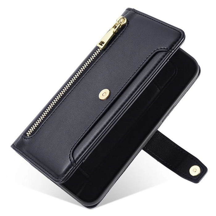 For Realme 14 5G Leather Case Zipper Pocket Wallet Phone Cover with 2 Straps - Black - 5