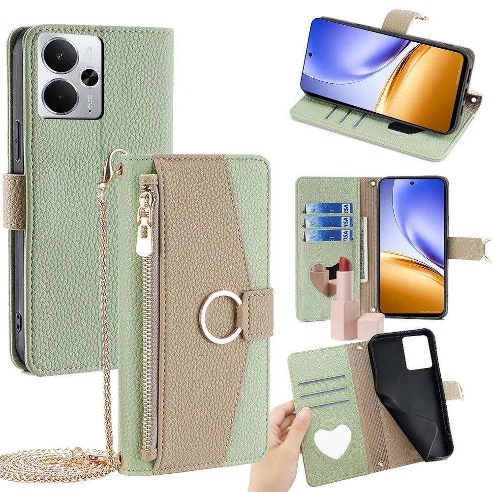For Realme 14 5G Case Mirror Wallet Leather Phone Cover with Chain Shoulder Strap - Green - 1