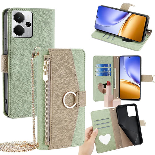 For Realme 14 5G Case Mirror Wallet Leather Phone Cover with Chain Shoulder Strap - Green - 1