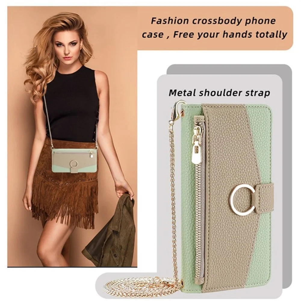 For Realme 14 5G Case Mirror Wallet Leather Phone Cover with Chain Shoulder Strap - Green - 7