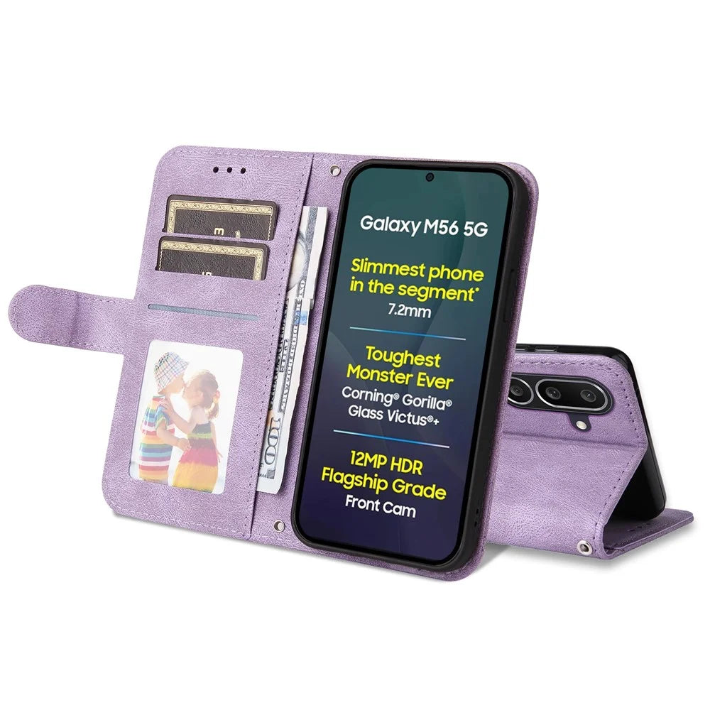For Samsung Galaxy M56 5G Leather Wallet Cases Skin Touch Phone Cover Stand with Strap - Purple - 3