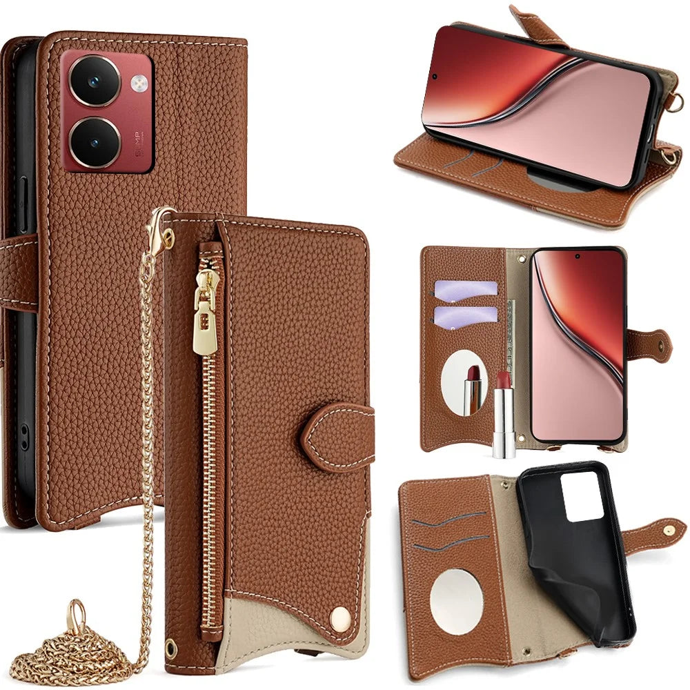For Realme P3 Ultra 5G Leather Case Wallet Stand Cover Irregular Tail Style with Chain Strap - Brown - 1