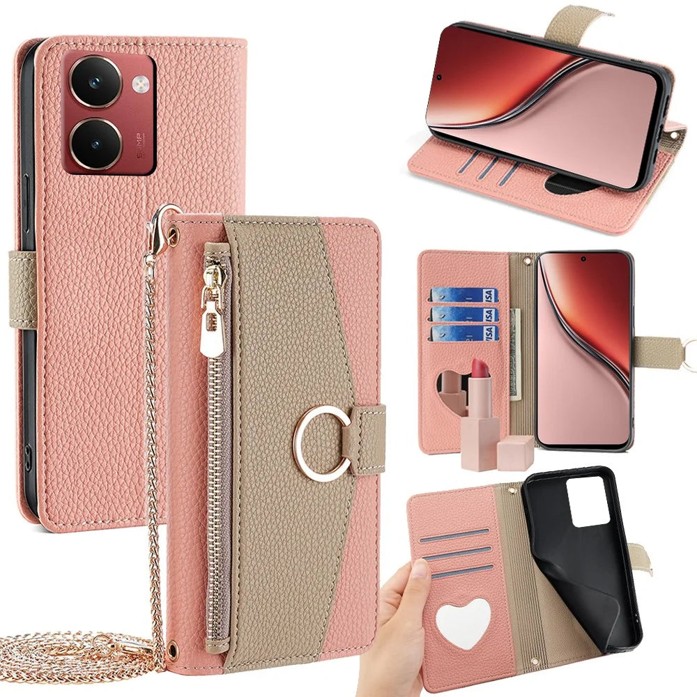 For Realme P3 Ultra 5G Case Mirror Wallet Leather Phone Cover with Chain Shoulder Strap - Pink - 1