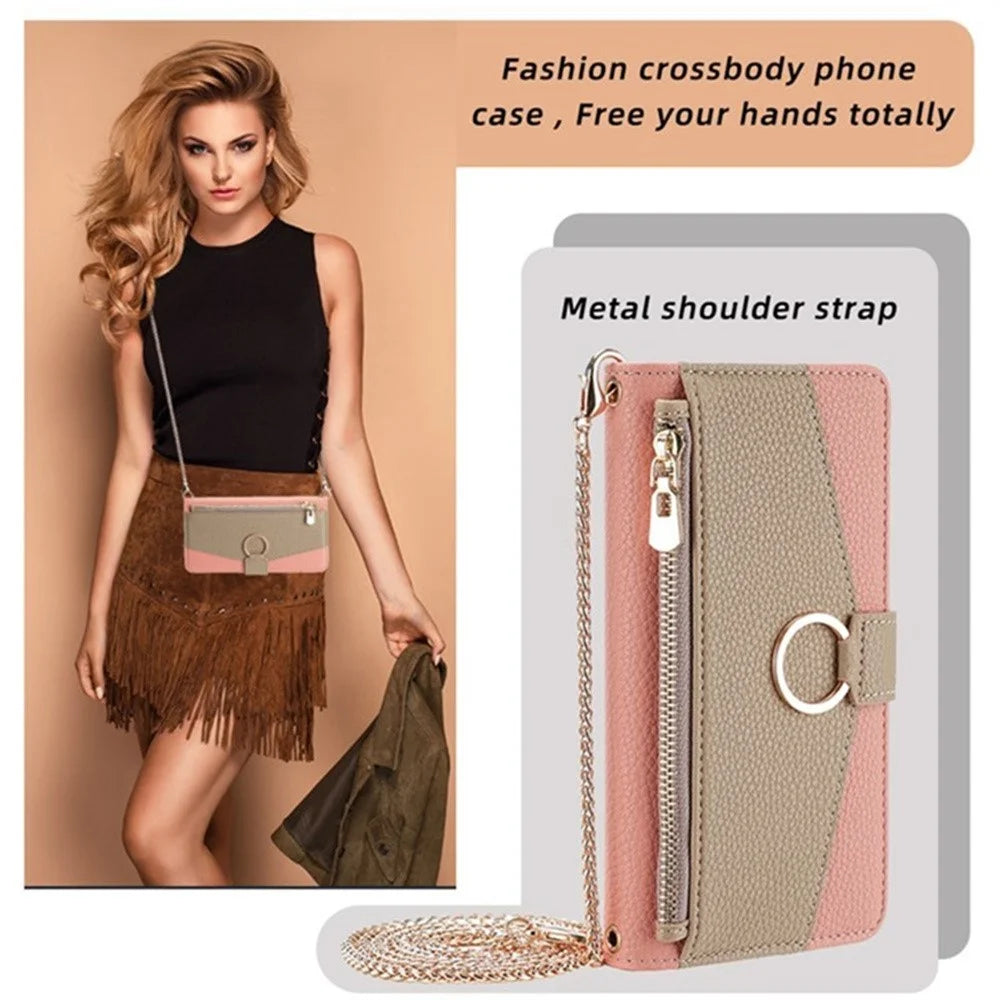 For Realme P3 Ultra 5G Case Mirror Wallet Leather Phone Cover with Chain Shoulder Strap - Pink - 7