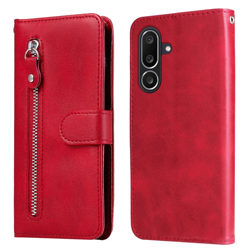 For Samsung Galaxy M56 5G PU Leather Cases with Zipper Pocket Wallet Phone Cover Stand - Red - 1