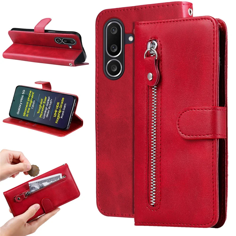 For Samsung Galaxy M56 5G PU Leather Cases with Zipper Pocket Wallet Phone Cover Stand - Red - 2