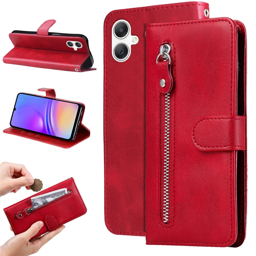 For Samsung Galaxy A08 5G / A08 4G / A07 4G / A06 4G / A06 5G PU Leather Cases with Zipper Pocket Wallet Phone Cover Stand - Red - 2