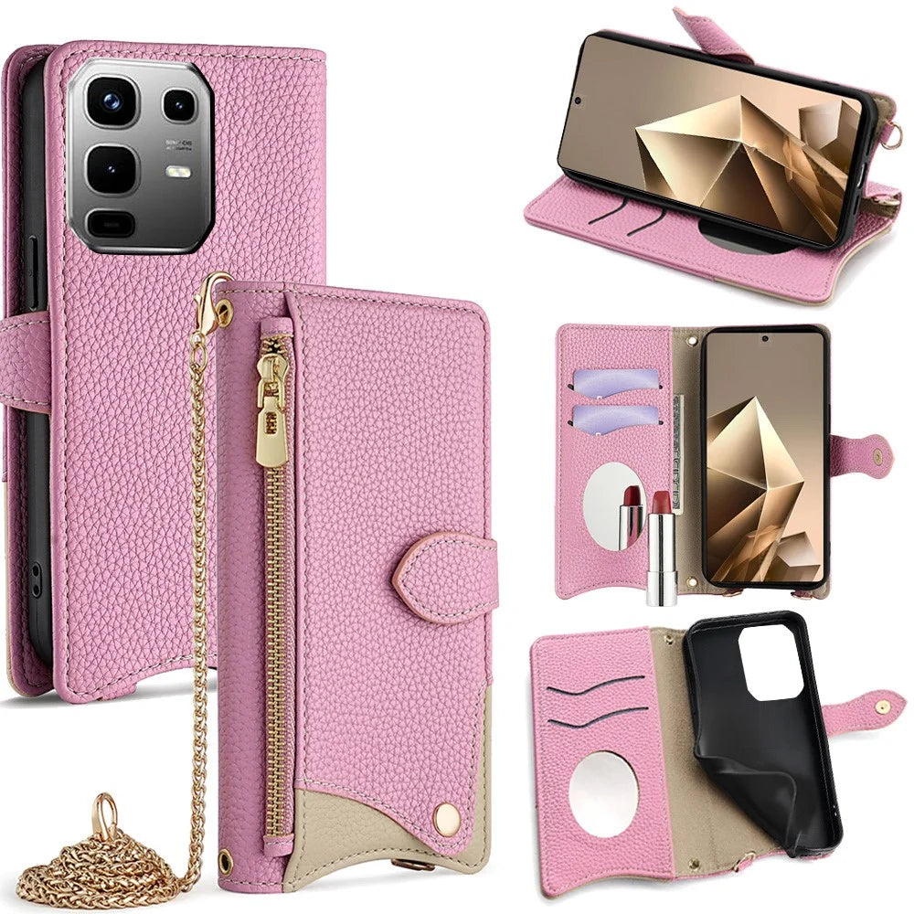 For Infinix Note 50 4G Leather Case Wallet Stand Cover Irregular Tail Style with Chain Strap - Pink - 1