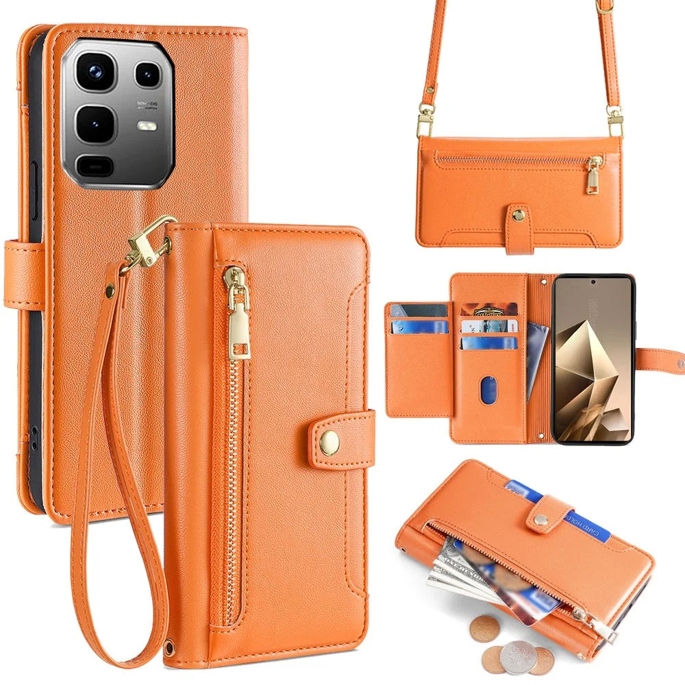 For Infinix Note 50 4G Leather Case Zipper Pocket Wallet Phone Cover with 2 Straps - Orange - 1