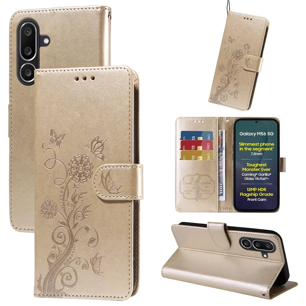 For Samsung Galaxy M56 5G Leather Case Butterfly Floral Imprint Wallet Stand Cover - Golden - 2