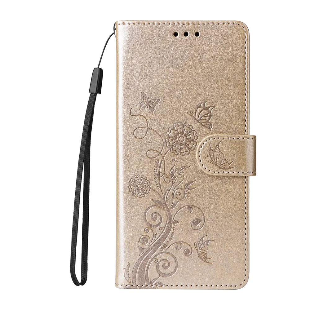 For Samsung Galaxy M56 5G Leather Case Butterfly Floral Imprint Wallet Stand Cover - Golden - 4