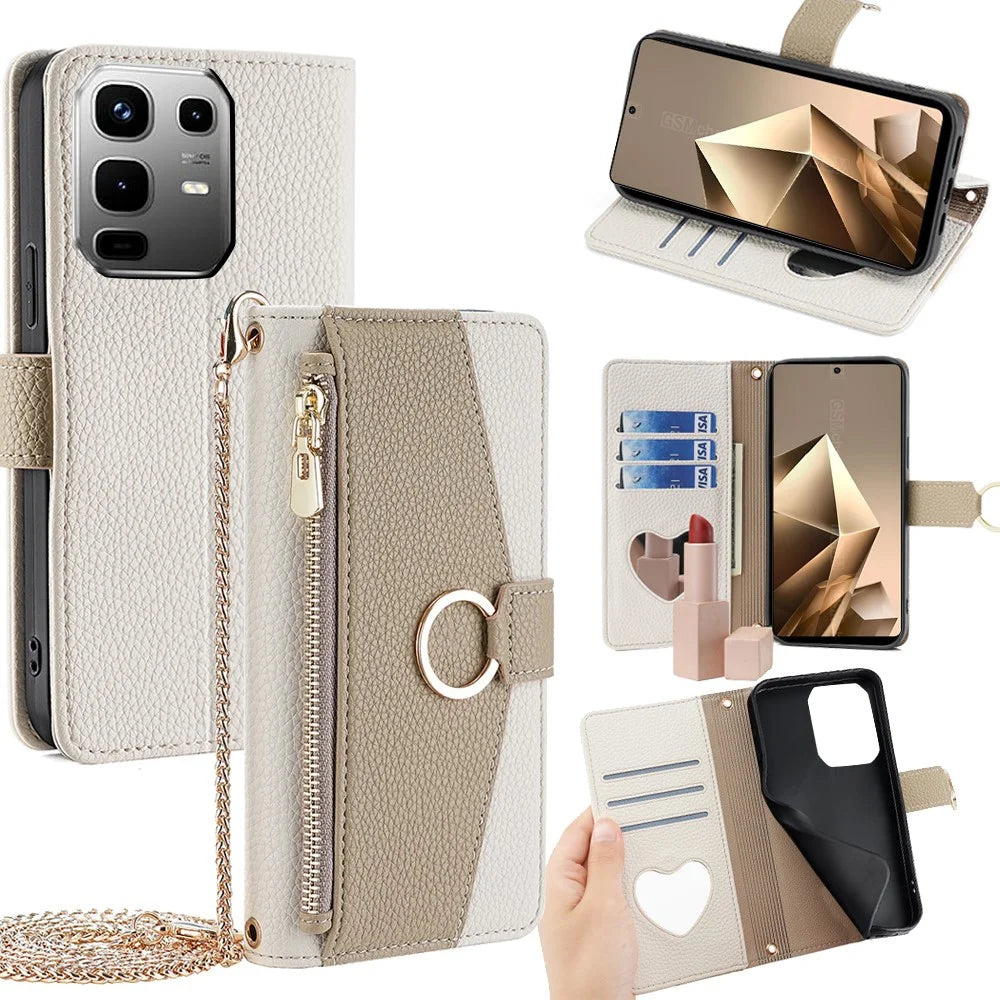 For Infinix Note 50 4G Case Mirror Wallet Leather Phone Cover with Chain Shoulder Strap - White - 1