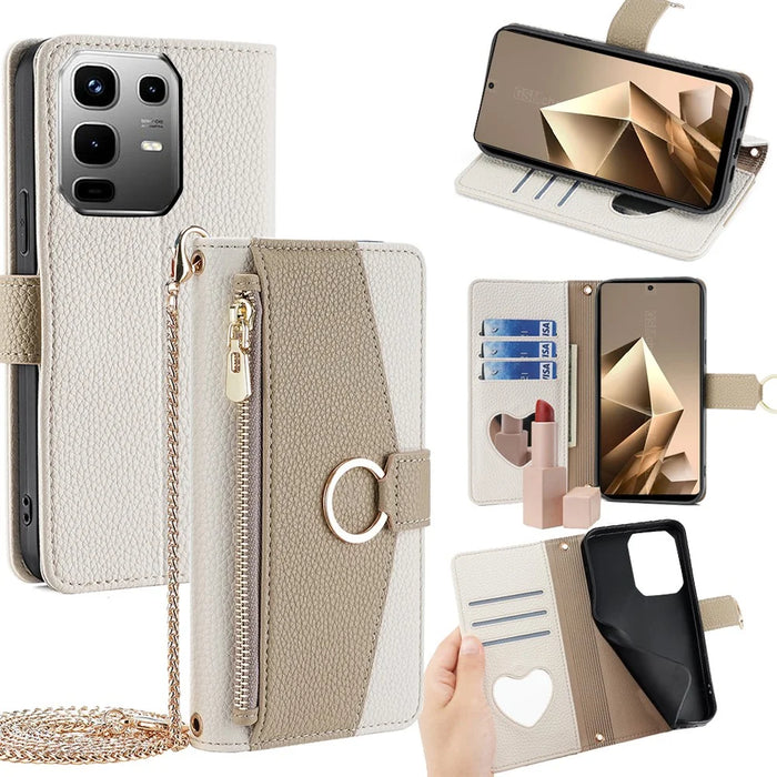 For Infinix Note 50 4G Case Mirror Wallet Leather Phone Cover with Chain Shoulder Strap - White - 1