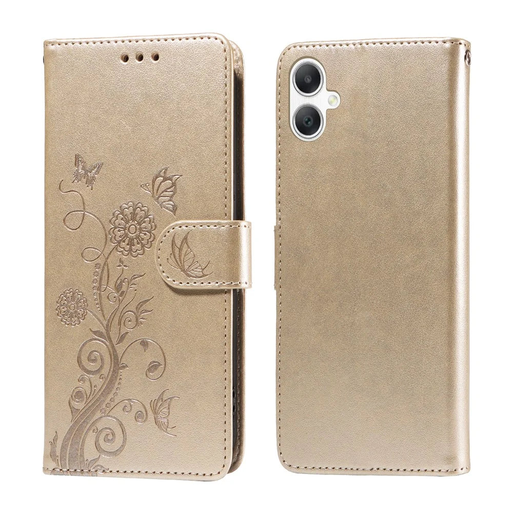 For Samsung Galaxy A08 5G / A08 4G / A07 4G / A06 4G / A06 5G Leather Case Butterfly Floral Imprint Wallet Stand Cover - Golden - 1