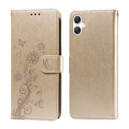 For Samsung Galaxy A08 5G / A08 4G / A07 4G / A06 4G / A06 5G Leather Case Butterfly Floral Imprint Wallet Stand Cover - Golden - 1
