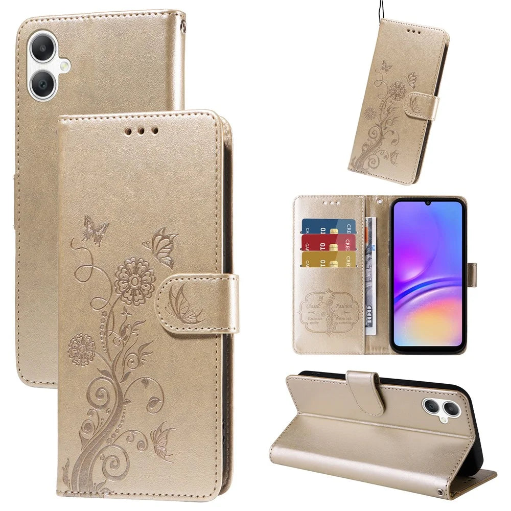 For Samsung Galaxy A08 5G / A08 4G / A07 4G / A06 4G / A06 5G Leather Case Butterfly Floral Imprint Wallet Stand Cover - Golden - 2