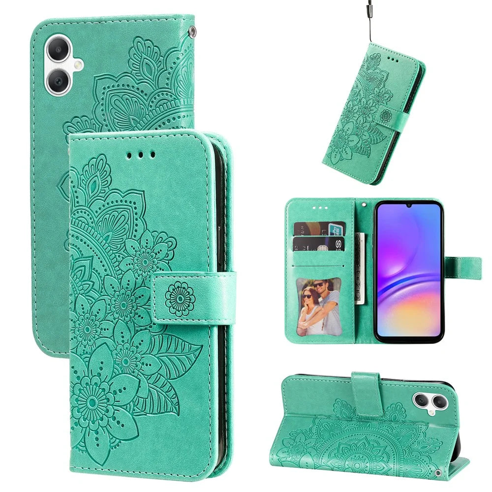 For Samsung Galaxy A08 5G / A08 4G / A07 4G / A06 4G / A06 5G Case Floral Pattern PU Leather Wallet Stand Phone Cover - Green - 3