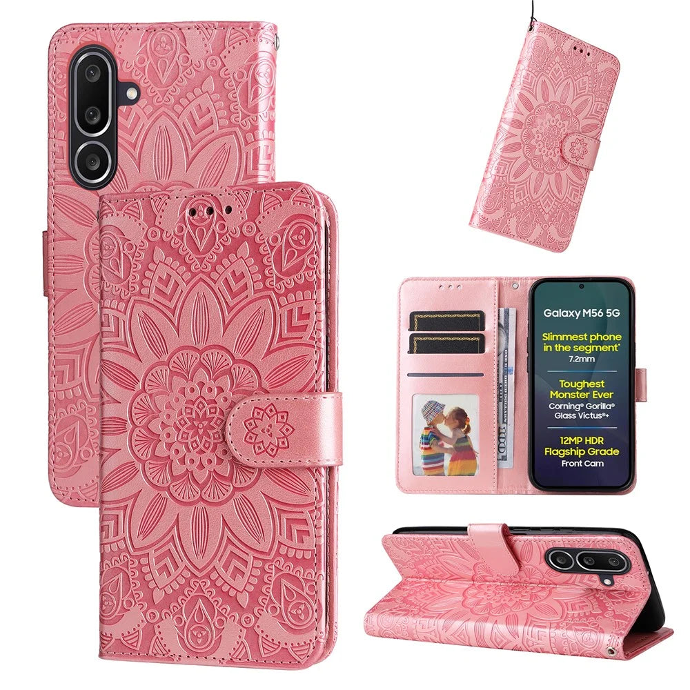 For Samsung Galaxy M56 5G Case Sunflower Imprint Leather Wallet Phone Cover - Pink - 2