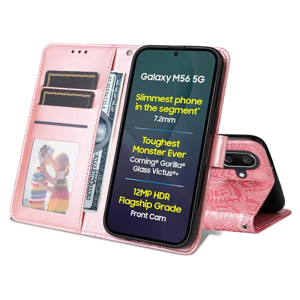 For Samsung Galaxy M56 5G Case Sunflower Imprint Leather Wallet Phone Cover - Pink - 3