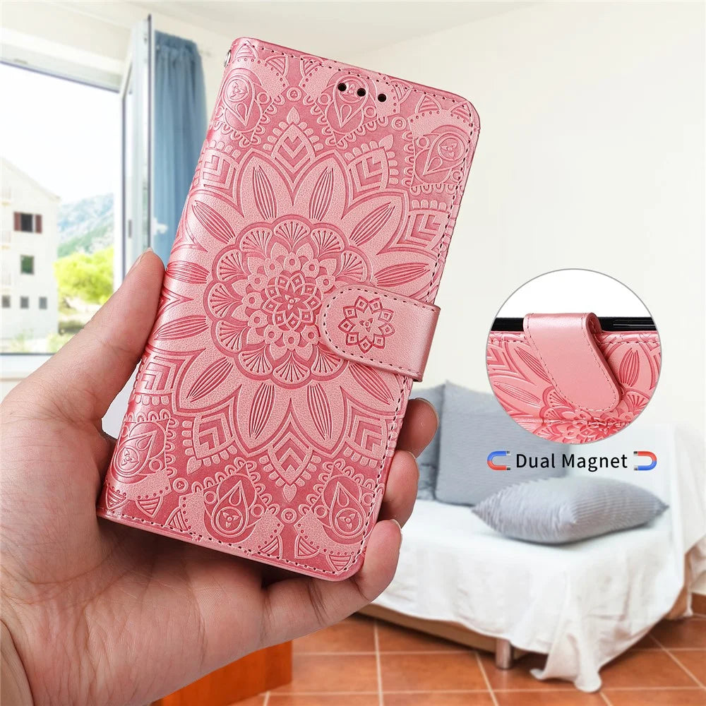 For Samsung Galaxy M56 5G Case Sunflower Imprint Leather Wallet Phone Cover - Pink - 5