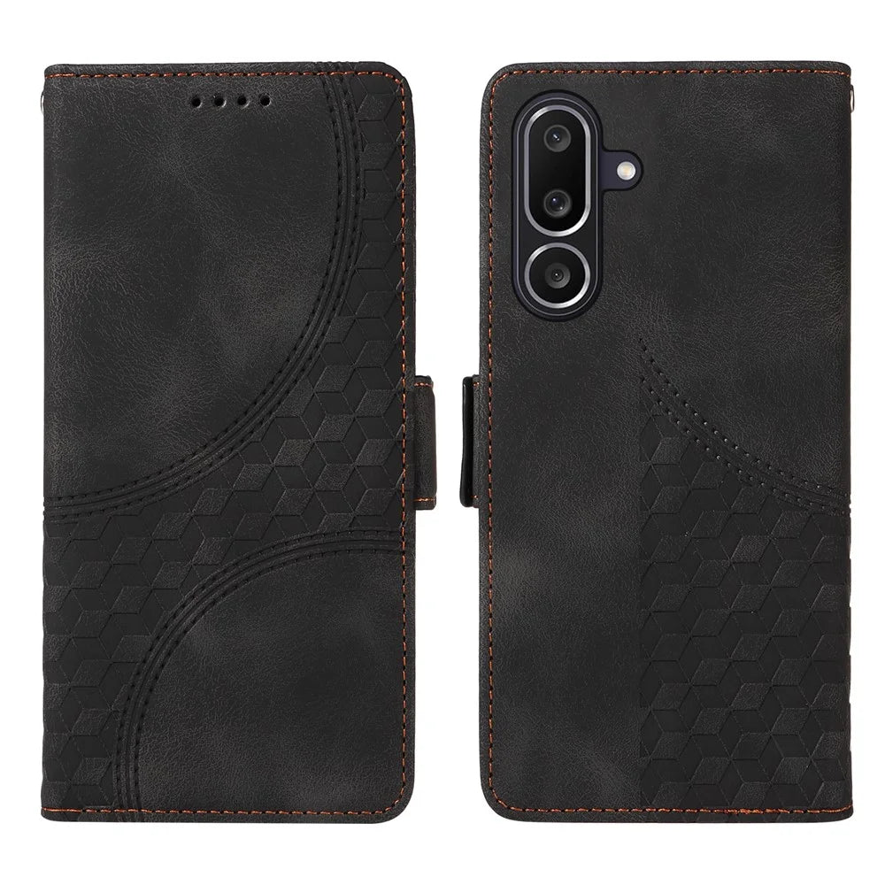 For Samsung Galaxy M56 5G Leather Cases Wallet Rhombus Imprinted Phone Cover Stand with Strap - Black - 1