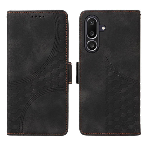 For Samsung Galaxy M56 5G Leather Cases Wallet Rhombus Imprinted Phone Cover Stand with Strap - Black - 1
