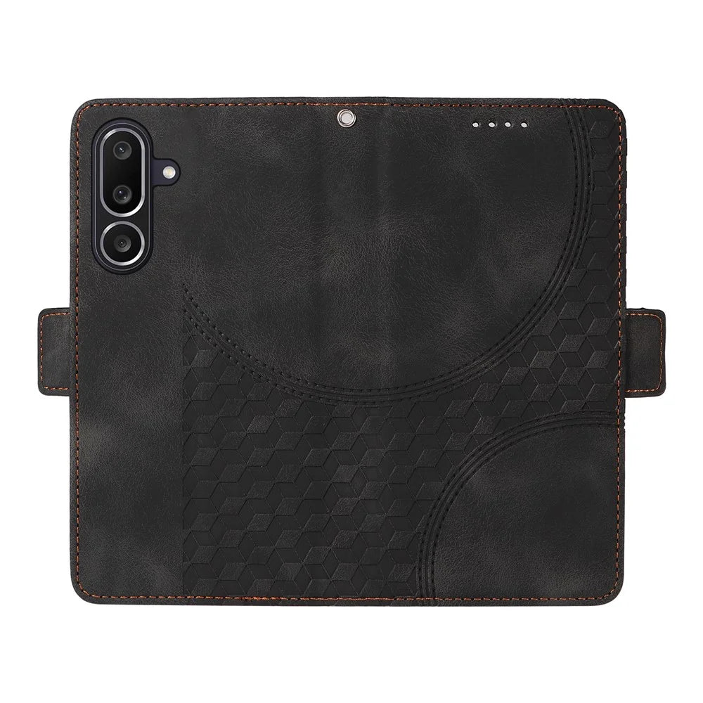 For Samsung Galaxy M56 5G Leather Cases Wallet Rhombus Imprinted Phone Cover Stand with Strap - Black - 2