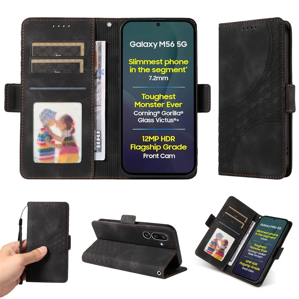 For Samsung Galaxy M56 5G Leather Cases Wallet Rhombus Imprinted Phone Cover Stand with Strap - Black - 3