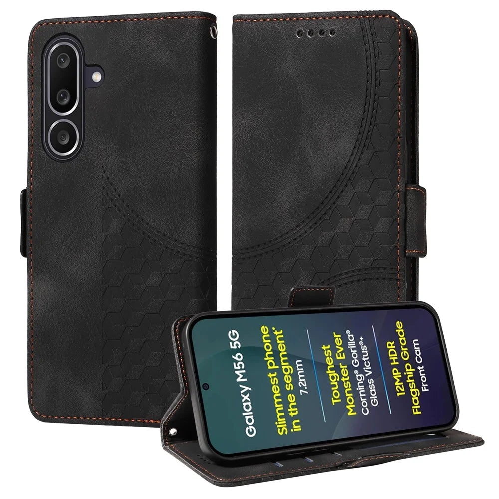 For Samsung Galaxy M56 5G Leather Cases Wallet Rhombus Imprinted Phone Cover Stand with Strap - Black - 4