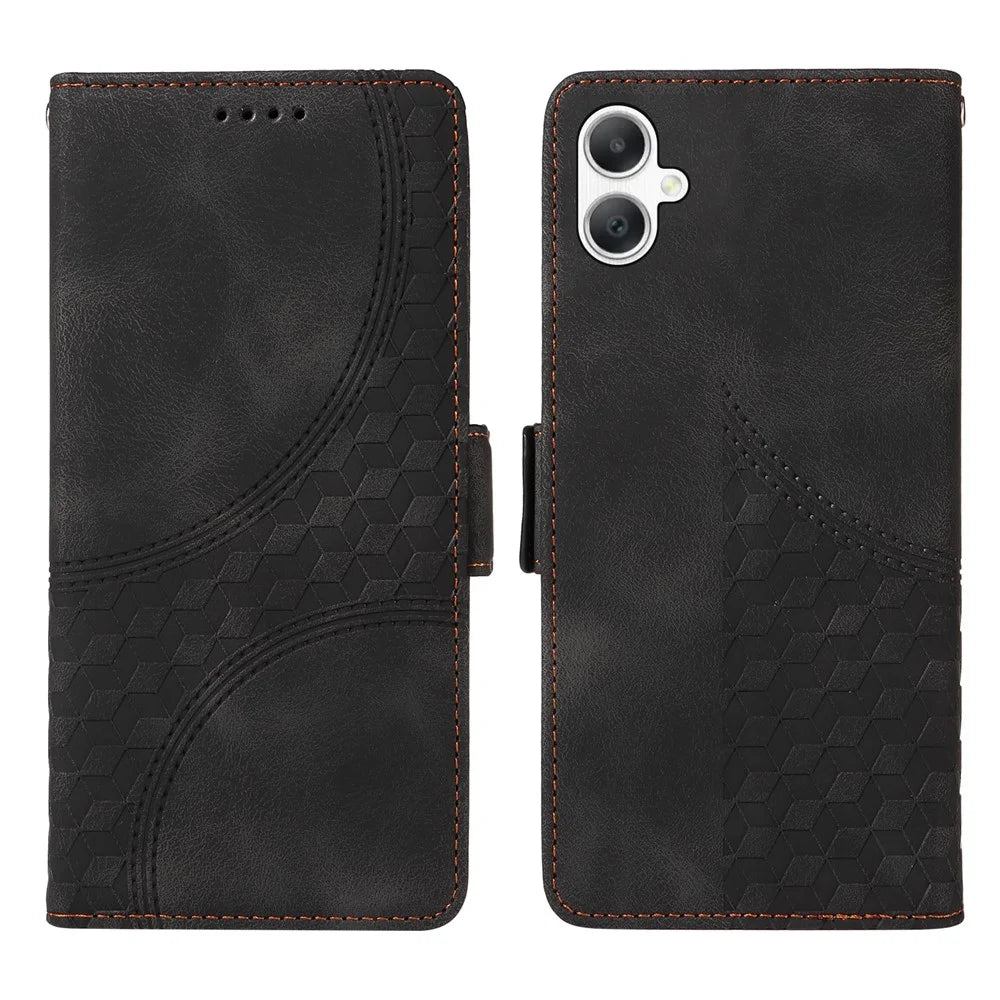 For Samsung Galaxy A08 5G / A08 4G / A07 4G / A06 4G / A06 5G Leather Cases Wallet Rhombus Imprinted Phone Cover Stand with Strap - Black - 1