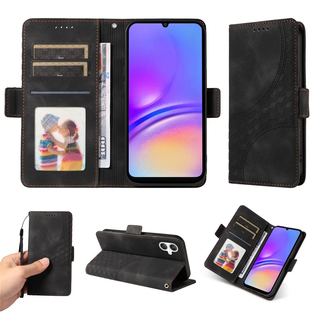 For Samsung Galaxy A08 5G / A08 4G / A07 4G / A06 4G / A06 5G Leather Cases Wallet Rhombus Imprinted Phone Cover Stand with Strap - Black - 3