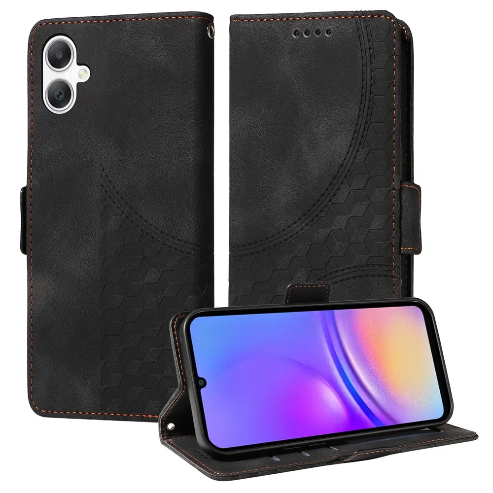 For Samsung Galaxy A08 5G / A08 4G / A07 4G / A06 4G / A06 5G Leather Cases Wallet Rhombus Imprinted Phone Cover Stand with Strap - Black - 4