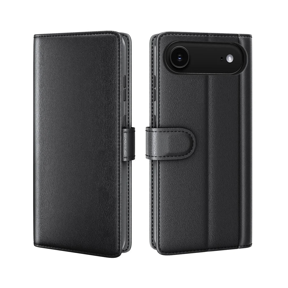 For iPhone Air Case Genuine Split Leather Phone Cover with Wallet Stand - Black - 1