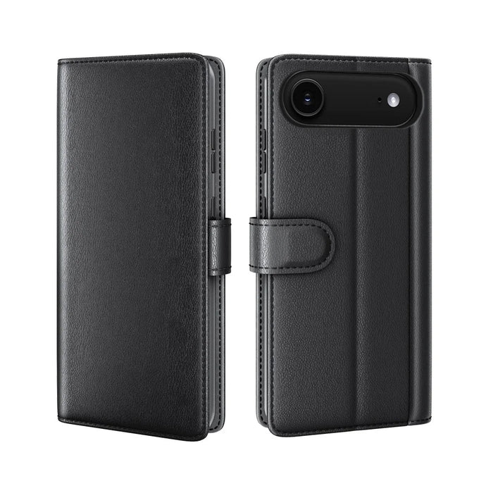 For iPhone Air Case Genuine Split Leather Phone Cover with Wallet Stand - Black - 1