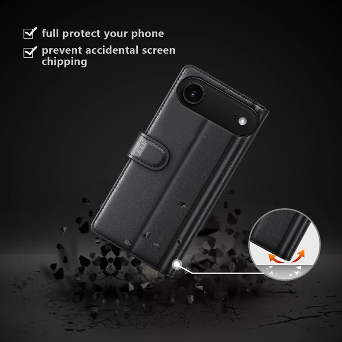 For iPhone Air Case Genuine Split Leather Phone Cover with Wallet Stand - Black - 2