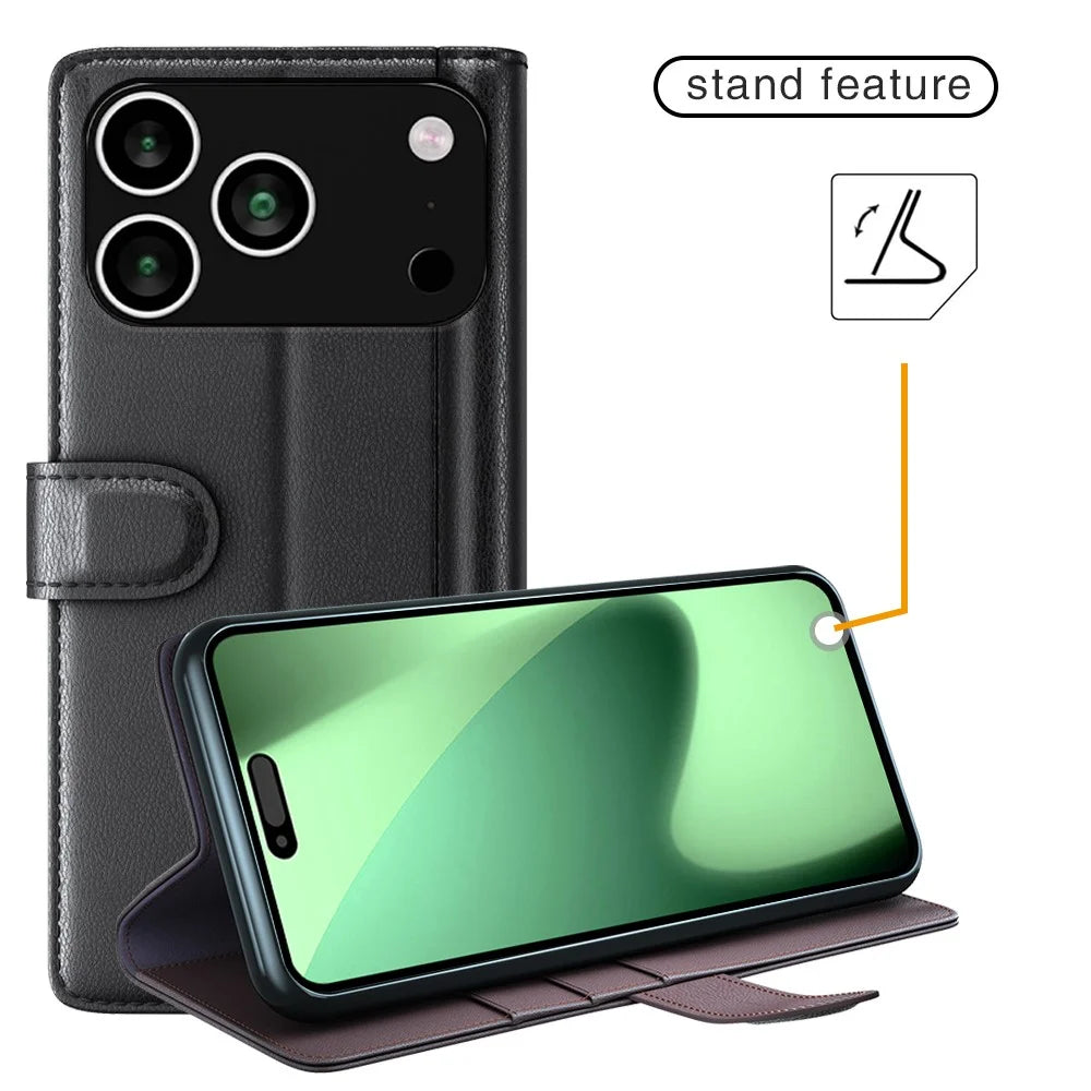 For iPhone 18 Pro Max / 17 Pro Max Case Genuine Split Leather Phone Cover with Wallet Stand - Black - 5