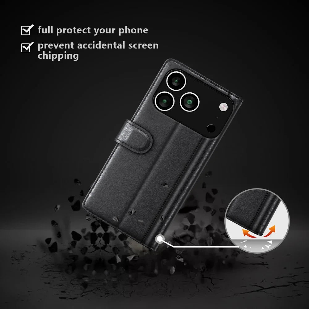 For iPhone 18 Pro Max / 17 Pro Max Case Genuine Split Leather Phone Cover with Wallet Stand - Black - 6
