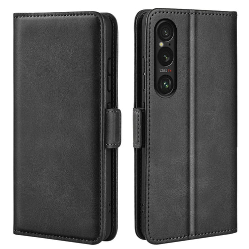 For Sony Xperia 1 VII Case Calf Texture Leather Wallet Phone Cover - Black - 1