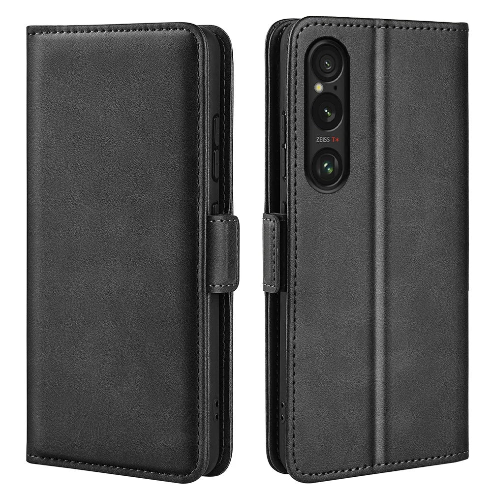 For Sony Xperia 1 VII Case Calf Texture Leather Wallet Phone Cover - Black - 1