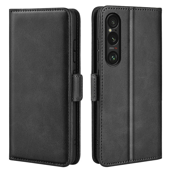 For Sony Xperia 1 VII Case Calf Texture Leather Wallet Phone Cover - Black - 1