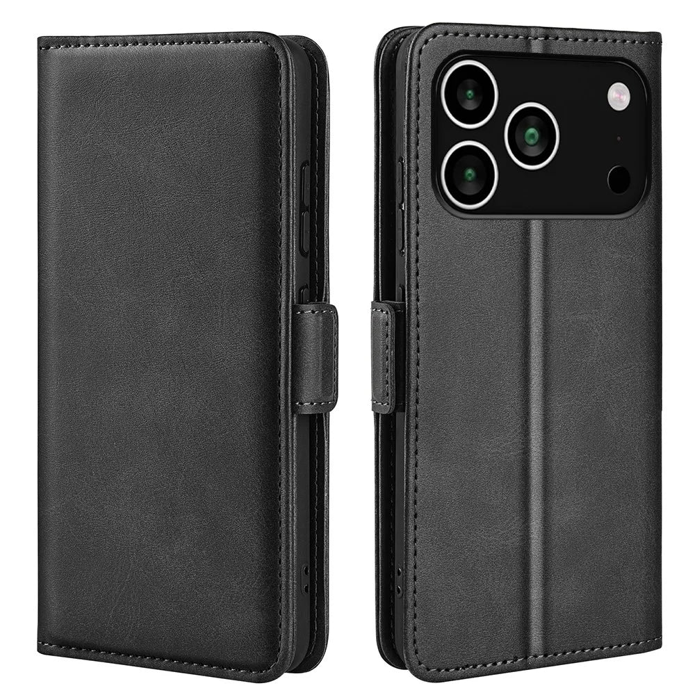 For iPhone 18 Pro / 17 Pro Case Calf Texture Leather Wallet Phone Cover - Black - 1