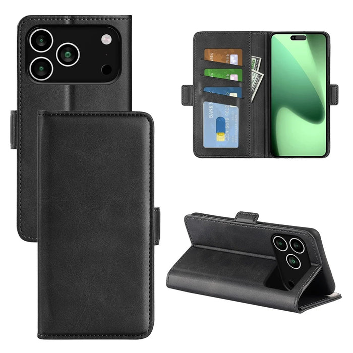 For iPhone 18 Pro / 17 Pro Case Calf Texture Leather Wallet Phone Cover - Black - 6