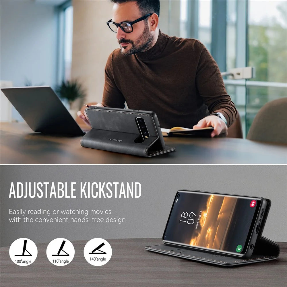 CASEME For Samsung Galaxy S10 Case  033 Series RFID Blocking Wallet Stand Calf Texture Leather Phone Cover - Black - 5