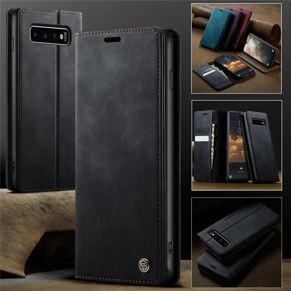 CASEME For Samsung Galaxy S10 Case  033 Series RFID Blocking Wallet Stand Calf Texture Leather Phone Cover - Black - 7