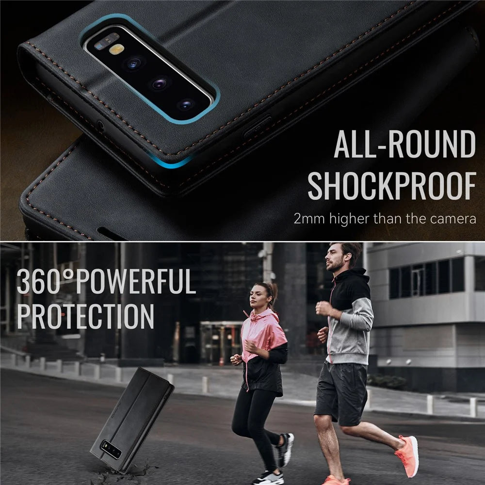 CASEME For Samsung Galaxy S10 Plus Case  033 Series RFID Blocking Wallet Stand Calf Texture Leather Phone Cover - Black - 6