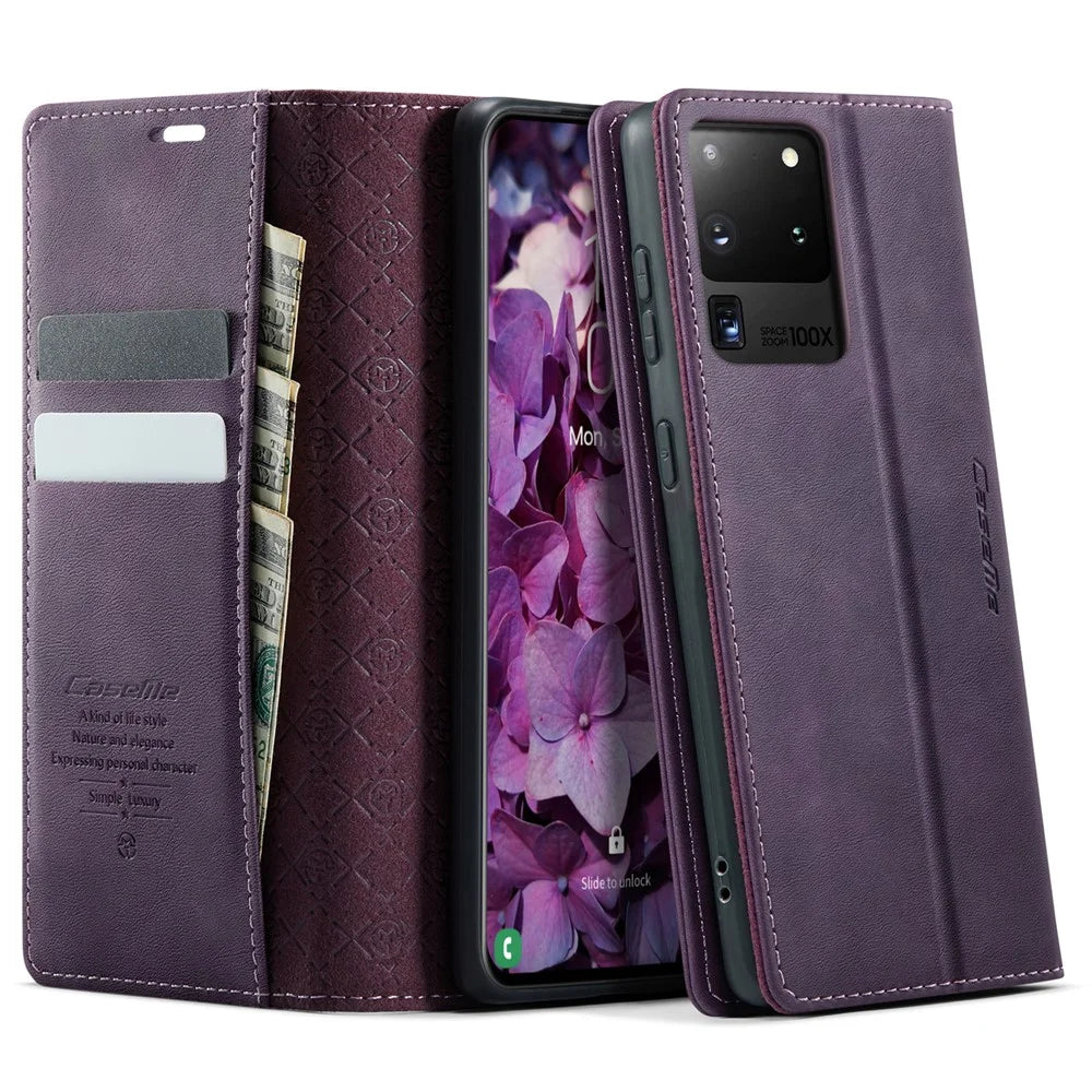 CASEME For Samsung Galaxy S20 Ultra Case  033 Series RFID Blocking Wallet Stand Calf Texture Leather Phone Cover - Purple - 1