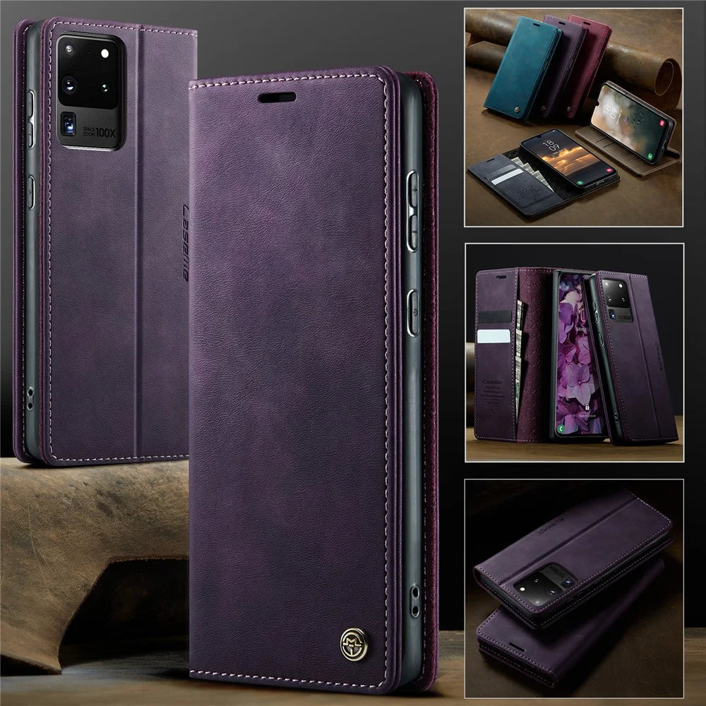 CASEME For Samsung Galaxy S20 Ultra Case  033 Series RFID Blocking Wallet Stand Calf Texture Leather Phone Cover - Purple - 7