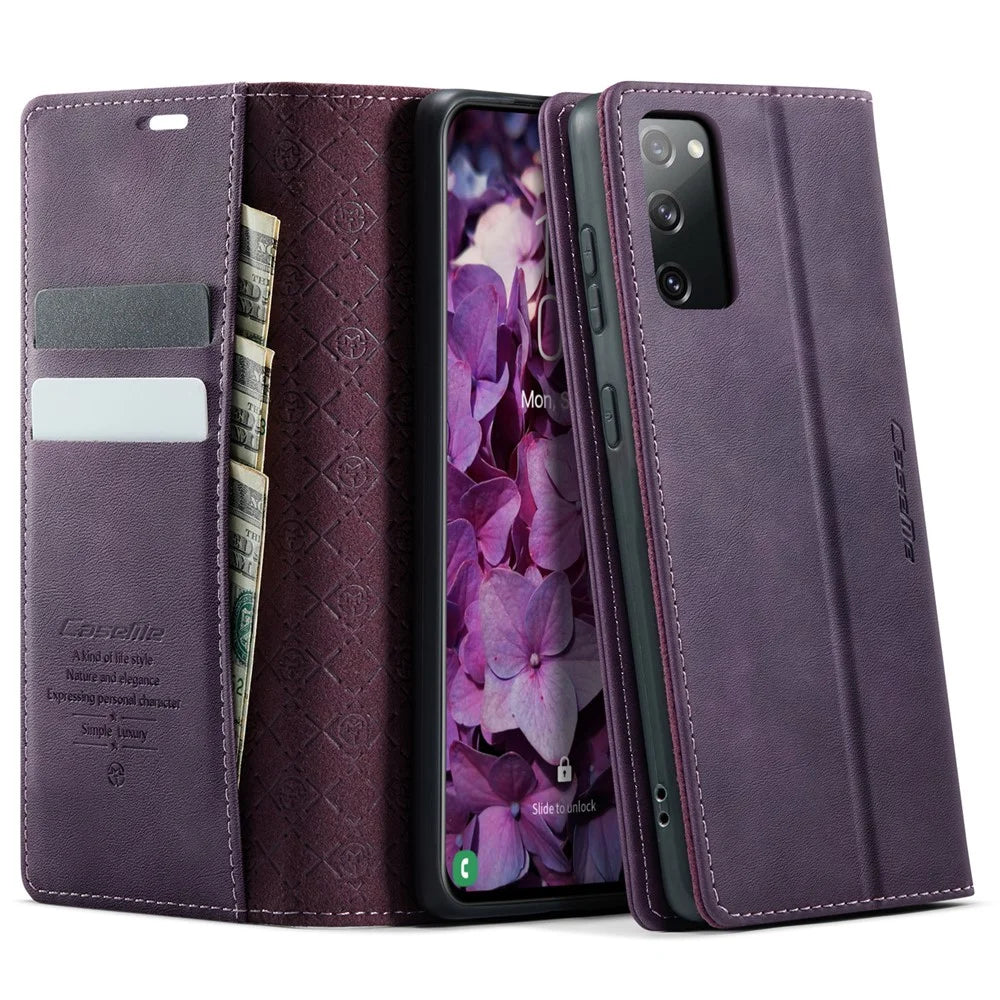 CASEME For Samsung Galaxy S20 FE Case  033 Series RFID Blocking Wallet Stand Calf Texture Leather Phone Cover - Purple - 1