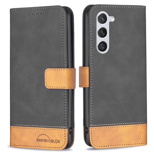 BINFEN COLOR for Samsung Galaxy S23 Case Color Splicing Skin Touch Leather Phone Cover Wallet Stand - Black - 1