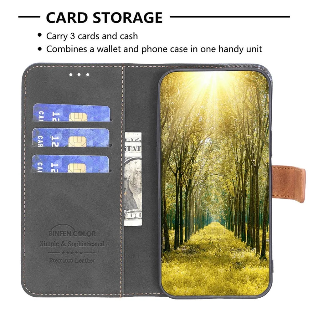 BINFEN COLOR for Samsung Galaxy S23 Case Color Splicing Skin Touch Leather Phone Cover Wallet Stand - Black - 3
